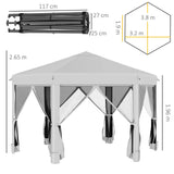 Outsunny 3.2m Pop Up Gazebo Hexagonal Canopy Tent Outdoor Sun Protection with Mesh Sidewalls, Handy Bag, Light Grey