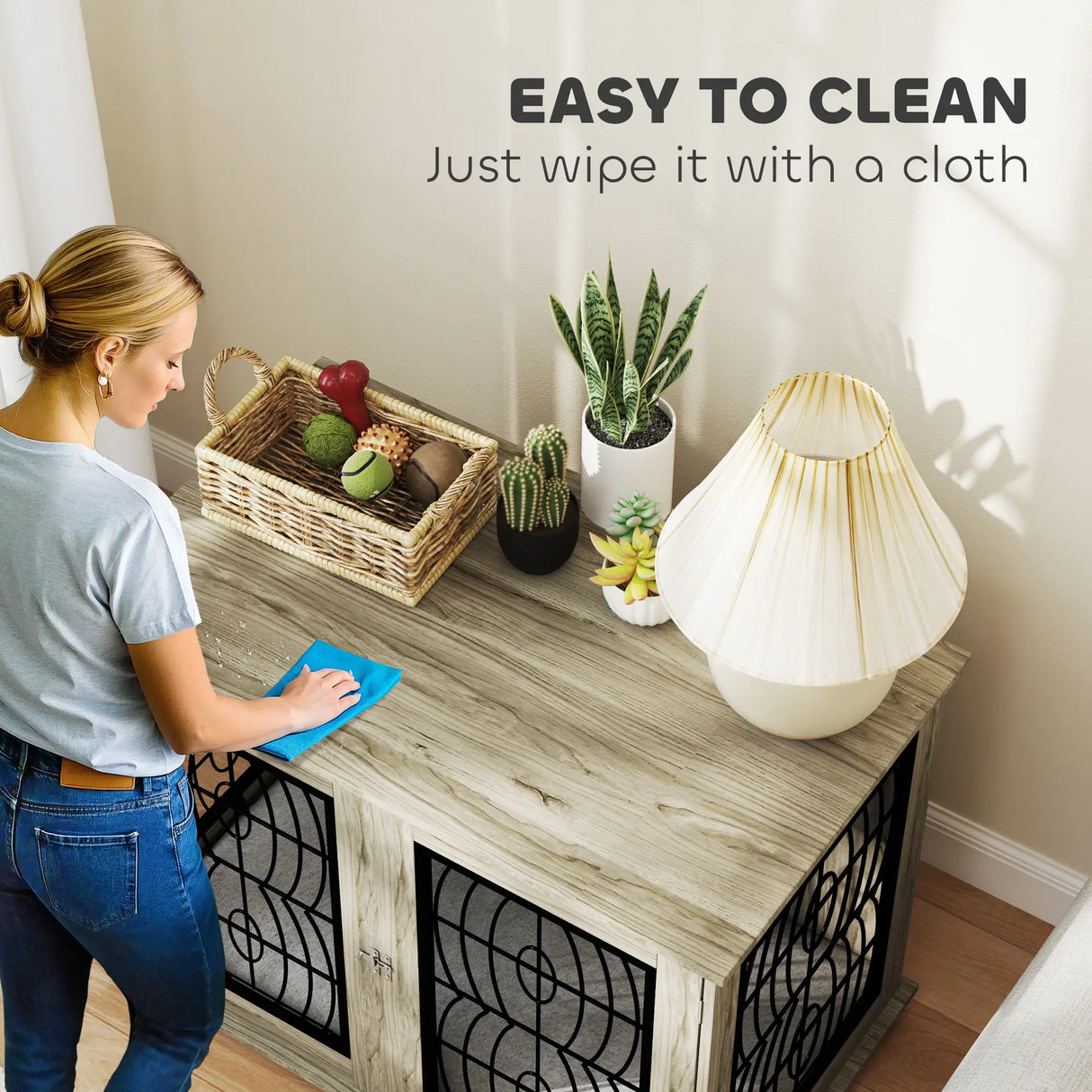 PawHut Indoor Dog Crate Furniture End Table with Soft Washable Cushion, Lockable Front Door, for Large Dogs - Grey