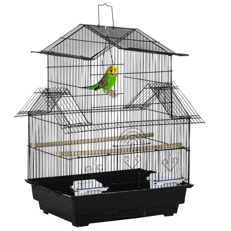 PawHut Metal Bird Cage with Plastic Swing Perch Food Container Tray Handle for Finch Canary Budgie 50.5 x 40 x 63cm Black