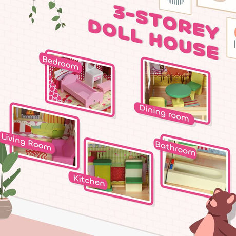 AIYAPLAY 3 Levels Dolls House Play Set with 13 Wooden Furniture Pieces and Accessories,