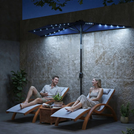 Outsunny 2.6 m Half Garden Parasol with Solar LED Lights, UPF50+ Semi Round Umbrella with 30 Tilt, Crank Handle, Dark Blue
