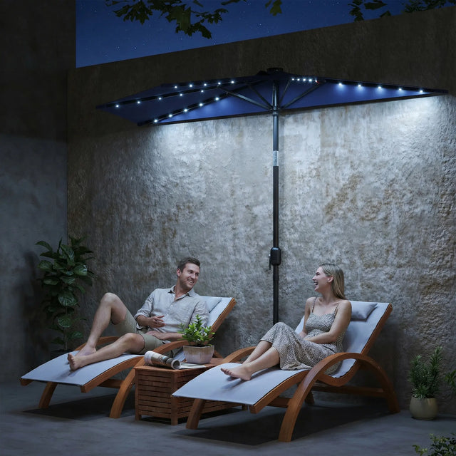 Outsunny 2.6 m Half Garden Parasol with Solar LED Lights, UPF50+ Semi Round Umbrella with 30 Tilt, Crank Handle, Dark Blue