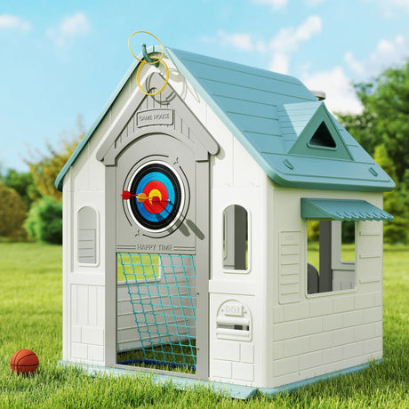 AIYAPLAY 5-in-1 Playhouse for Kids Outdoor Indoor with Basketball Hoop, Football Goal, Dartboard, Ring Toss for 2-5 Years, Beige