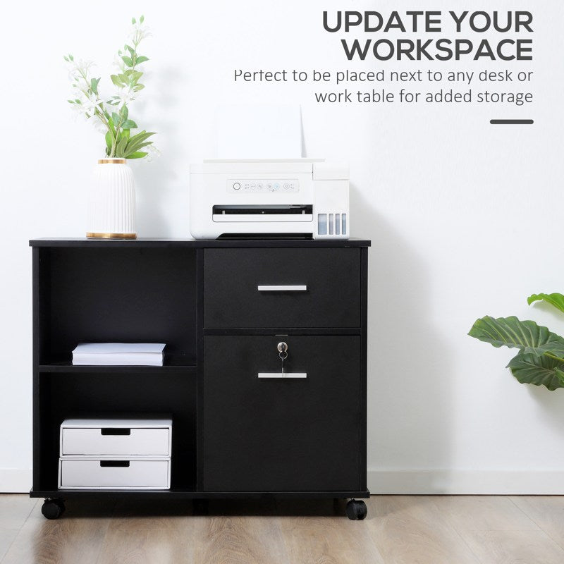 Vinsetto Filing Cabinet with Wheels, Mobile Printer Stand with Open Shelves and Lockable Drawer for A4 Size Documents, Black