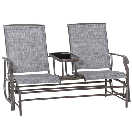 Outsunny 2 Seats Garden Glider Bench, Metal Frame Loveseat with Glass Top  Centre Table, Porch Rocking Glider for 2 Person, for Deck, Patio, Brown/ Grey