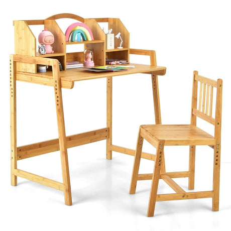 Bamboo Kids Study Desk and Chair Set with Bookshelf