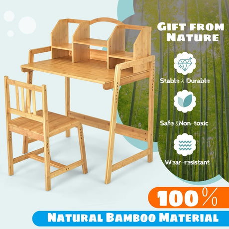 Bamboo Kids Study Desk and Chair Set with Bookshelf