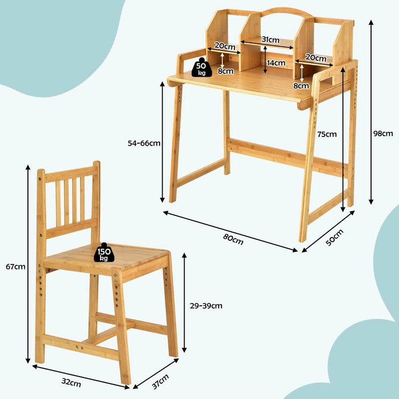Bamboo Kids Study Desk and Chair Set with Bookshelf