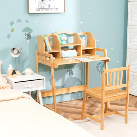 Bamboo Kids Study Desk and Chair Set with Bookshelf