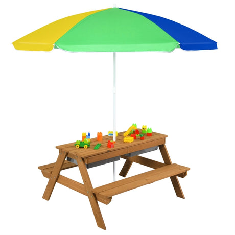 3-in-1 Kids Outdoor Picnic Water Sand Table with Umbrella Play Boxes-Yellow