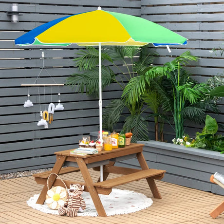 3-in-1 Kids Outdoor Picnic Water Sand Table with Umbrella Play Boxes-Yellow