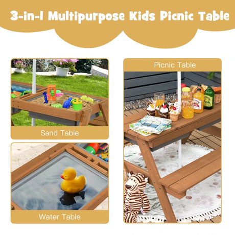 3-in-1 Kids Outdoor Picnic Water Sand Table with Umbrella Play Boxes-Yellow