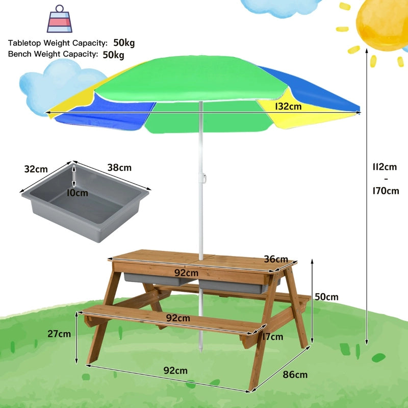 3-in-1 Kids Outdoor Picnic Water Sand Table with Umbrella Play Boxes-Yellow
