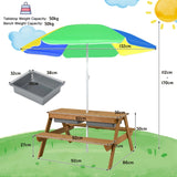 3-in-1 Kids Outdoor Picnic Water Sand Table with Umbrella Play Boxes-Yellow