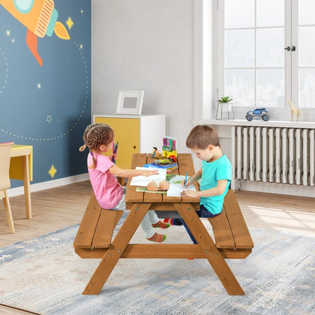 3-in-1 Kids Outdoor Picnic Water Sand Table with Umbrella Play Boxes-Yellow