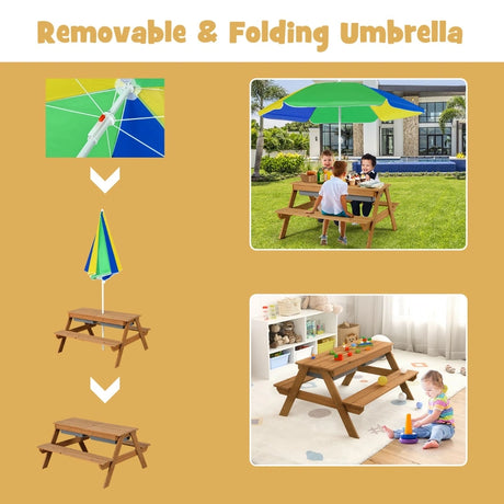 3-in-1 Kids Outdoor Picnic Water Sand Table with Umbrella Play Boxes-Yellow