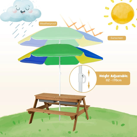 3-in-1 Kids Outdoor Picnic Water Sand Table with Umbrella Play Boxes-Yellow