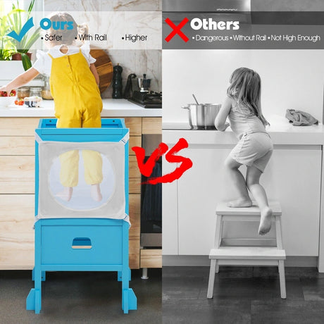 Wooden Kids Kitchen Step Stool with Blackboard-Blue