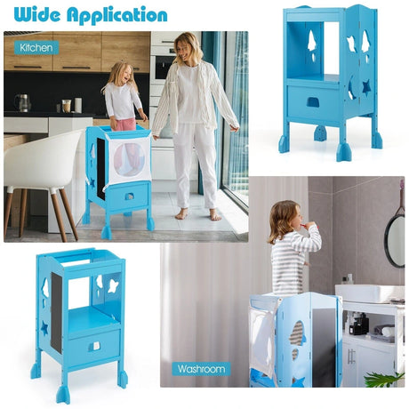Wooden Kids Kitchen Step Stool with Blackboard-Blue