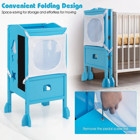 Wooden Kids Kitchen Step Stool with Blackboard-Blue