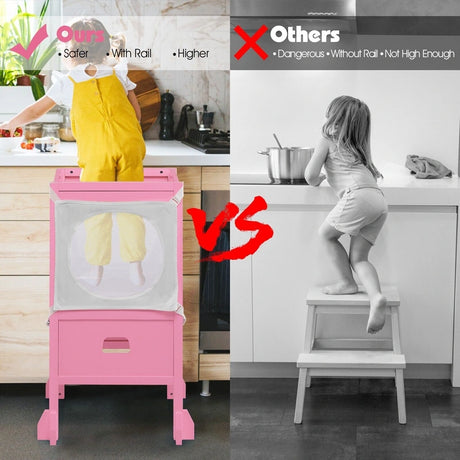 Wooden Kids Kitchen Step Stool with Blackboard-Pink