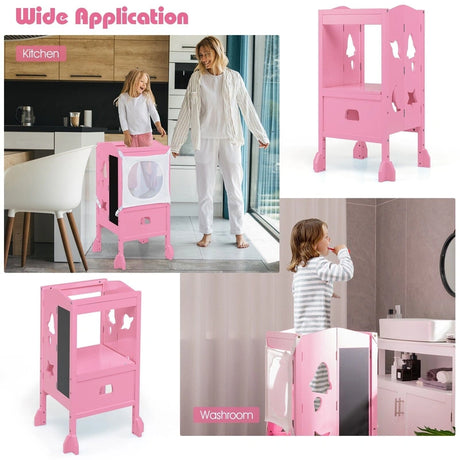 Wooden Kids Kitchen Step Stool with Blackboard-Pink