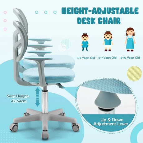 Children&#39;s Computer Chair with Adjustable Height &amp; Self-Locking Wheels 54 x 54 x 80 - 91.5 cm Blue + Grey
