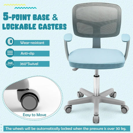 Children&#39;s Computer Chair with Adjustable Height &amp; Self-Locking Wheels 54 x 54 x 80 - 91.5 cm Blue + Grey