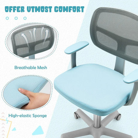Children&#39;s Computer Chair with Adjustable Height &amp; Self-Locking Wheels 54 x 54 x 80 - 91.5 cm Blue + Grey