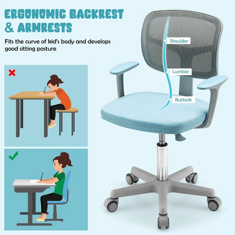 Children&#39;s Computer Chair with Adjustable Height &amp; Self-Locking Wheels 54 x 54 x 80 - 91.5 cm Blue + Grey