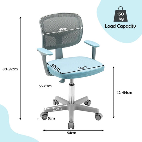 Children&#39;s Computer Chair with Adjustable Height &amp; Self-Locking Wheels 54 x 54 x 80 - 91.5 cm Blue + Grey