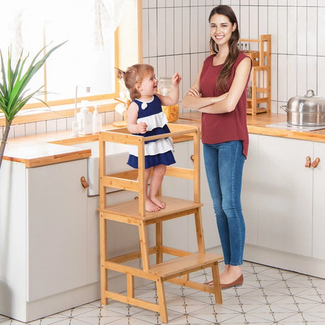 Bamboo Kids Step Stool with 4-Side Safety Rail for Kitchen Counter-Natural