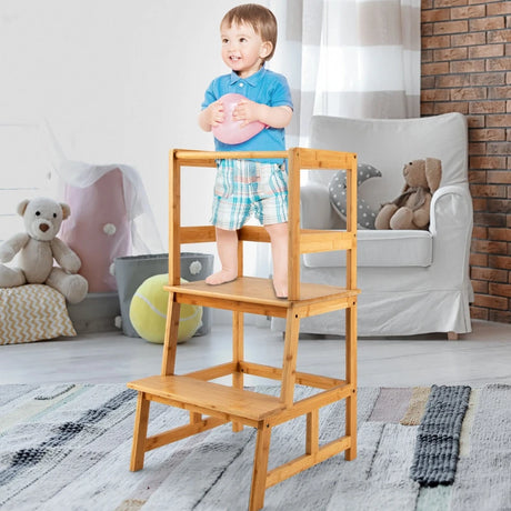 Bamboo Kids Step Stool with 4-Side Safety Rail for Kitchen Counter-Natural