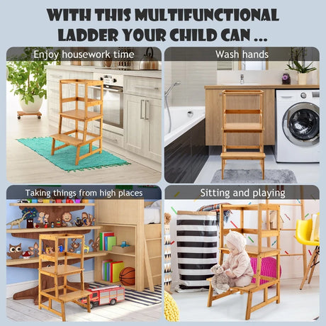 Bamboo Kids Step Stool with 4-Side Safety Rail for Kitchen Counter-Natural
