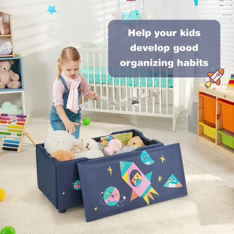 Upholstered Kids Toy Storage Box for Bedroom Nursery Playroom-Navy Blue