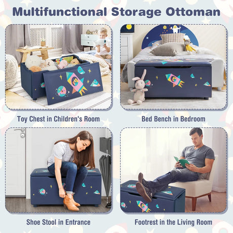 Upholstered Kids Toy Storage Box for Bedroom Nursery Playroom-Navy Blue