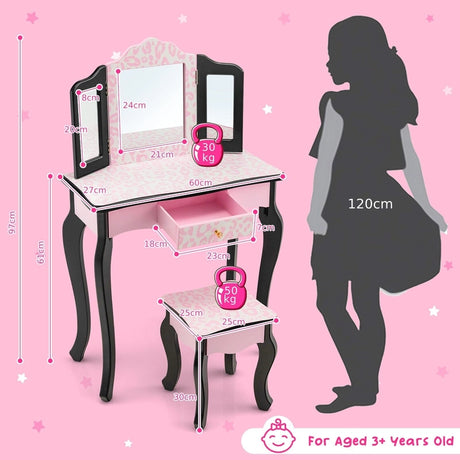 2 in 1 Kids Vanity Table and Stool Set for Girl Children-Pink Leopard Print