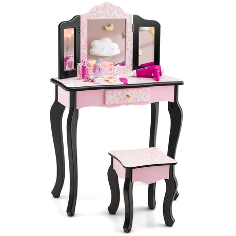 2 in 1 Kids Vanity Table and Stool Set for Girl Children-Pink Leopard Print