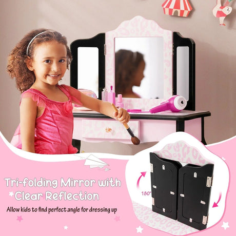 2 in 1 Kids Vanity Table and Stool Set for Girl Children-Pink Leopard Print