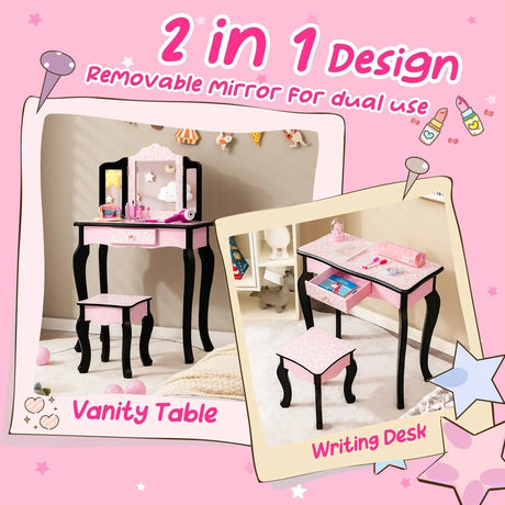 2 in 1 Kids Vanity Table and Stool Set for Girl Children-Pink Leopard Print
