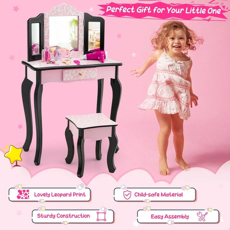 2 in 1 Kids Vanity Table and Stool Set for Girl Children-Pink Leopard Print