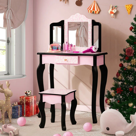 2 in 1 Kids Vanity Table and Stool Set for Girl Children-Pink Leopard Print