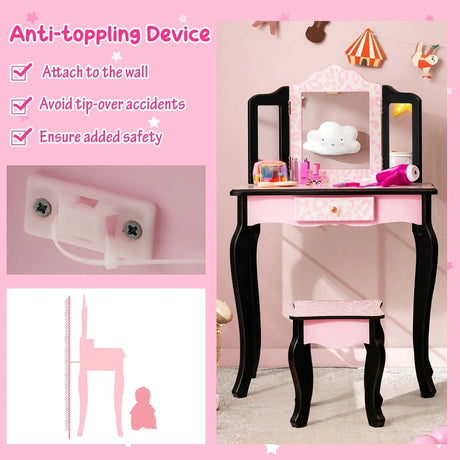 2 in 1 Kids Vanity Table and Stool Set for Girl Children-Pink Leopard Print