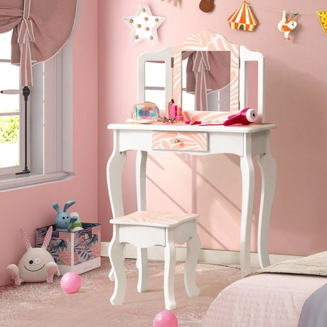 Children&#39;s Dressing Table with Stool &amp; Triple Folding Mirror &amp; Drawer Zebra