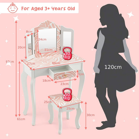 Children&#39;s Dressing Table with Stool &amp; Triple Folding Mirror &amp; Drawer Zebra