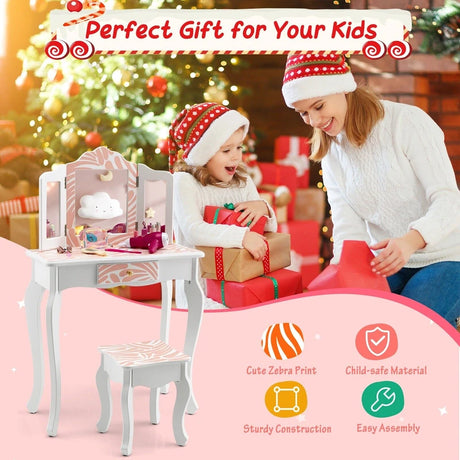 Children&#39;s Dressing Table with Stool &amp; Triple Folding Mirror &amp; Drawer Zebra
