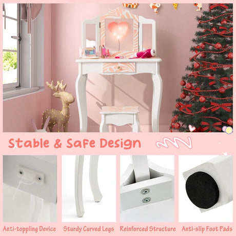 Children&#39;s Dressing Table with Stool &amp; Triple Folding Mirror &amp; Drawer Zebra