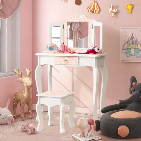 Children&#39;s Dressing Table with Stool &amp; Triple Folding Mirror &amp; Drawer Zebra