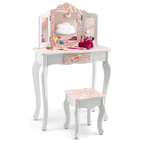 Children&#39;s Dressing Table with Stool &amp; Triple Folding Mirror &amp; Drawer Zebra