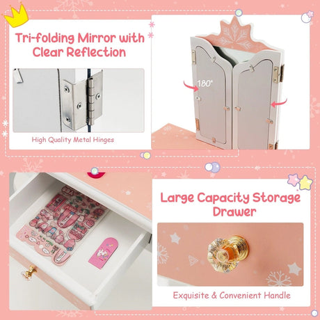 Kids Dressing Table Set with Triple Folding Mirror &amp; Detachable Top Pink